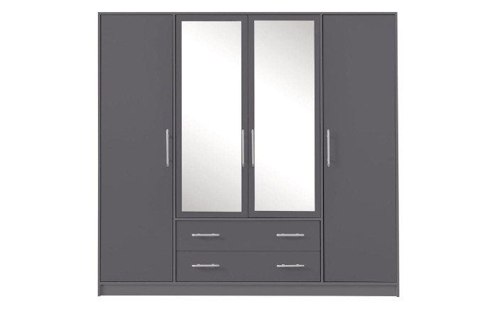 Stilvoller Kleiderschrank in Grau mit 4 Türen, davon 2 mit Spiegel, und zwei Schubladen.