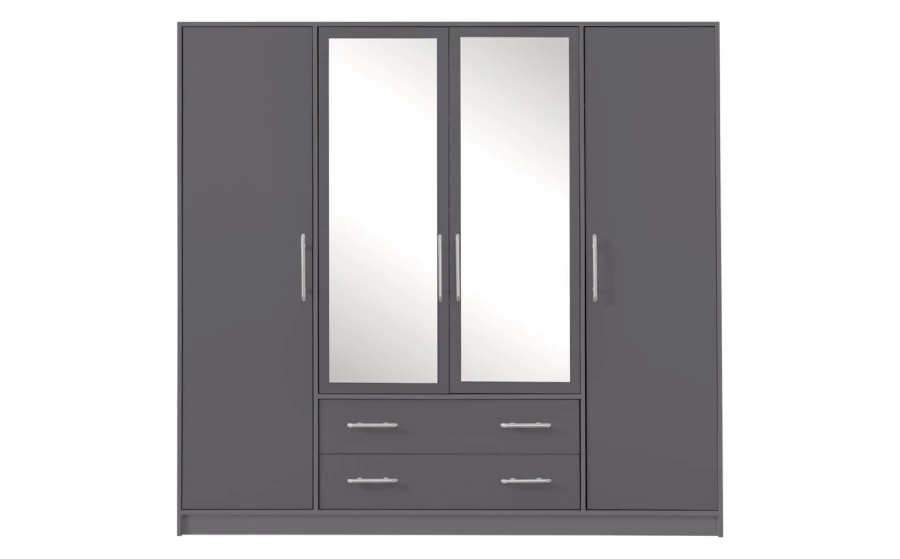 Grauer 4-türiger Kleiderschrank mit Spiegelfronten und zwei Schubkästen für Stauraum.
