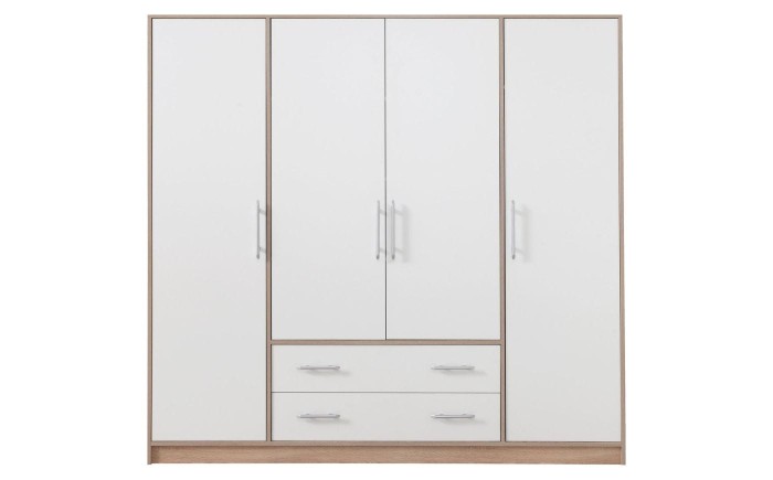 Weißer Kleiderschrank mit 4 Türen, 2 Schubladen und Akzenten in Eiche-Optik