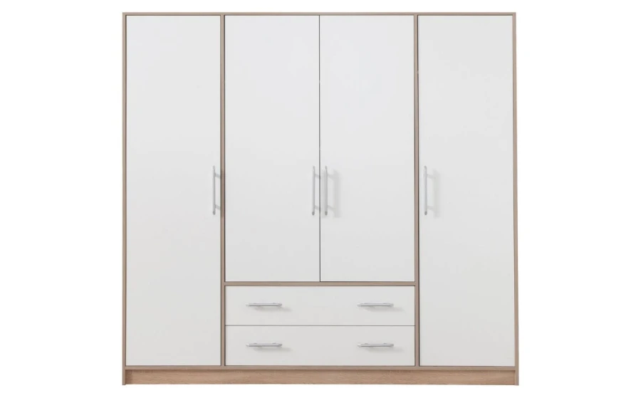 Weißer Kleiderschrank mit 4 Türen, 2 Schubladen und Akzenten in Eiche-Optik