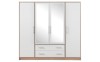 Eleganter weißer Kleiderschrank mit Spiegeln und Holz-Details, 4-türig mit 2 Schubladen.
