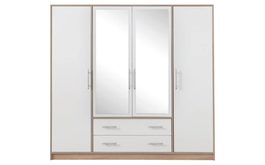 Eleganter weißer Kleiderschrank mit Spiegeln und Holz-Details, 4-türig mit 2 Schubladen.