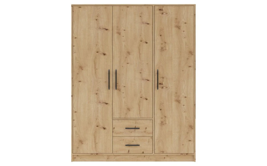 Kleiderschrank 3-türig Eiche-Optik mit 2 Schubladen und schwarzen Griffen