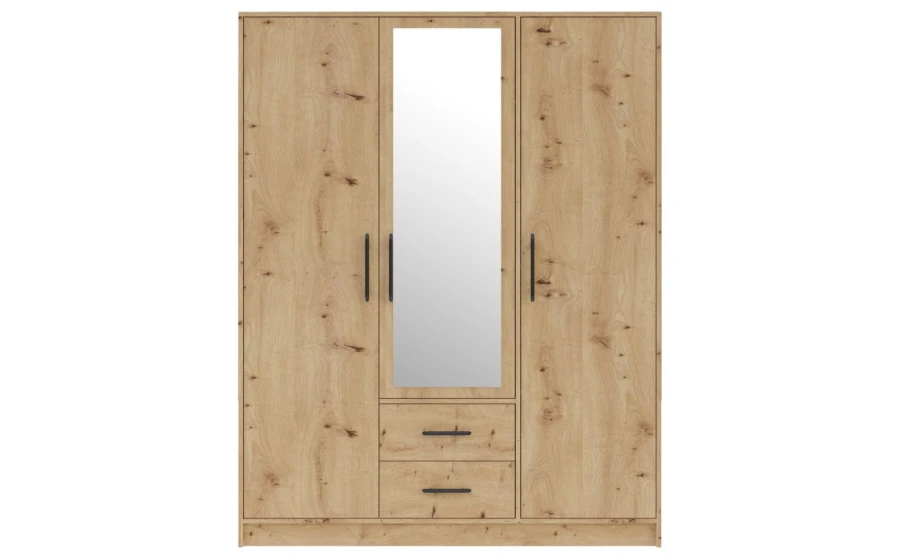 Kleiderschrank 3-türig Eiche-Optik mit Spiegel und 2 Schubladen mittig