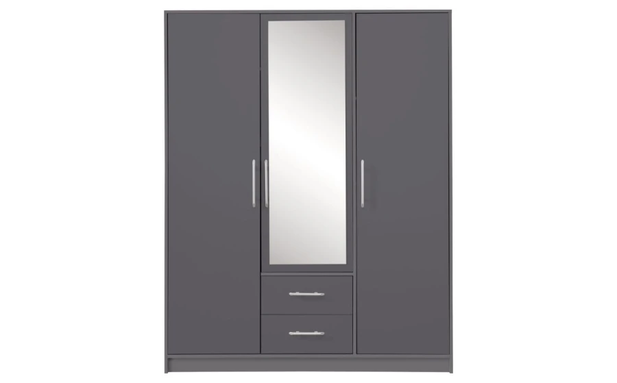 Dreitüriger Kleiderschrank Grau mit Spiegel und 2 Schubladen für Schlafzimmer