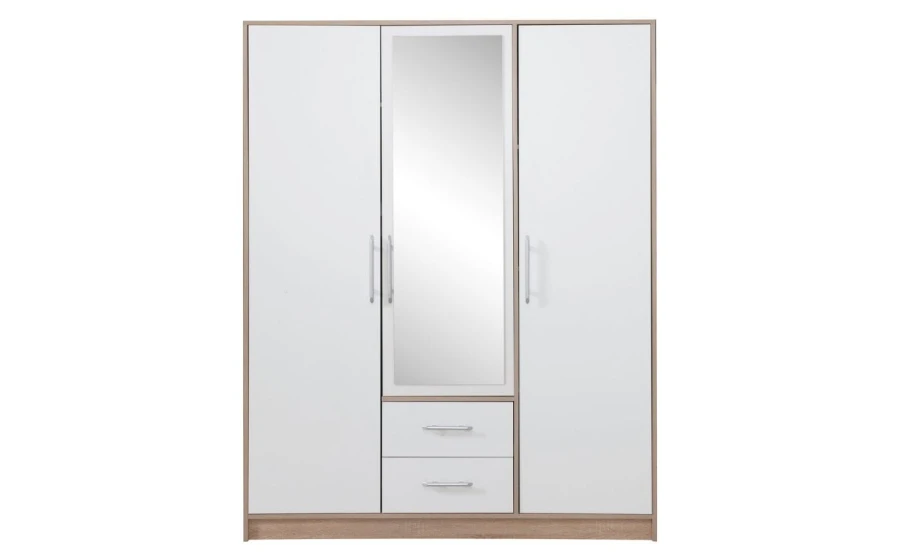 Weißer 3-türiger Kleiderschrank mit Spiegel und zwei Schubladen in Holzoptik.