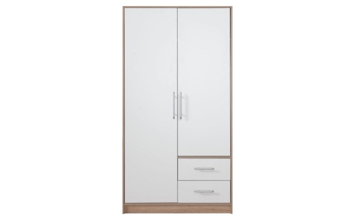 Eleganter Kleiderschrank in Weiß mit Holzdekor und zwei Schubladen.