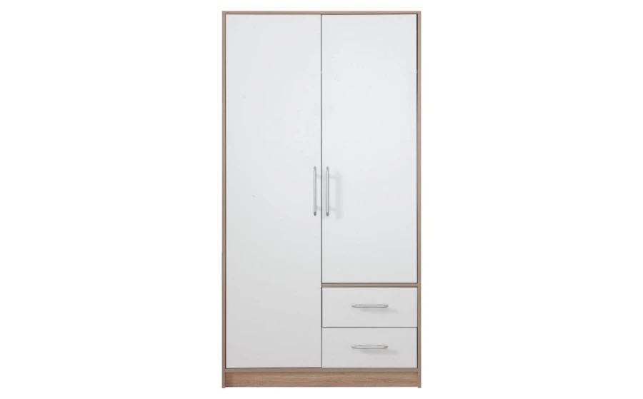 Moderner Kleiderschrank in Weiß und Eiche-Optik mit 2 Türen und 2 Schubladen