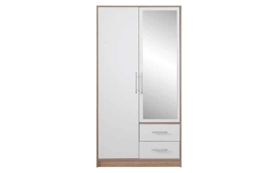 Schlafzimmerschrank mit Spiegel in Weiß und Eiche-Optik, 2 Türen und 2 Schubladen