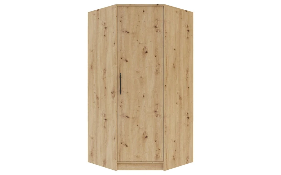 Platzsparender Eckkleiderschrank in natürlicher Eiche-Optik.