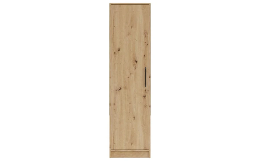 Schmaler Hochschrank in Eiche-Optik mit schwarzem Griff für Bad oder Flur.