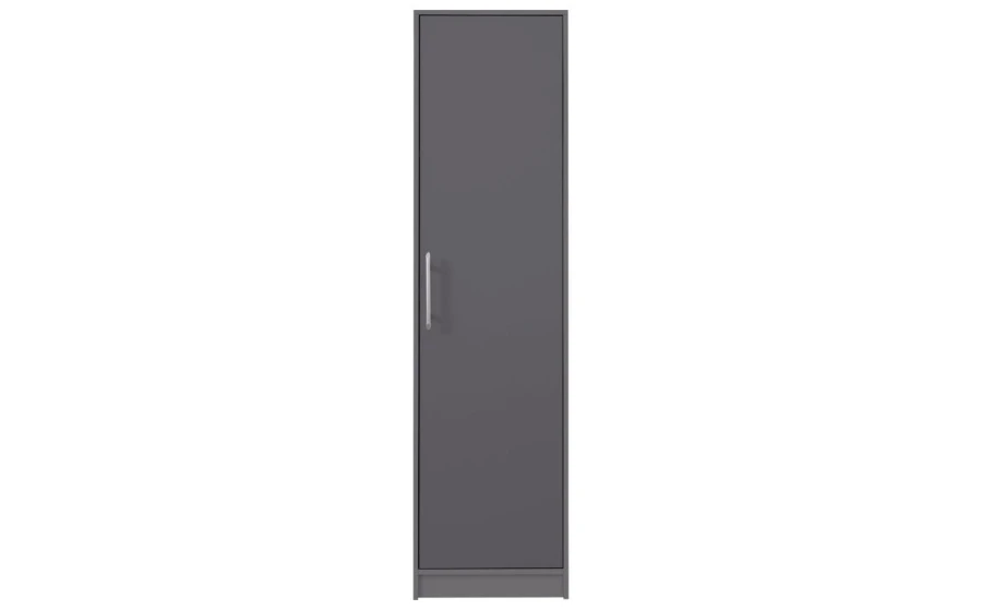 Hoher Badezimmerschrank in Dunkelgrau mit silbernem Metallgriff.