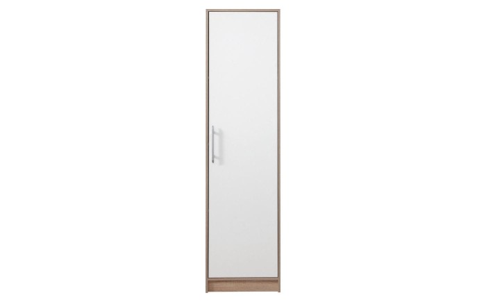 Hoher schmaler Schrank in Eiche-Optik mit weißer Türfront und Metallgriff.