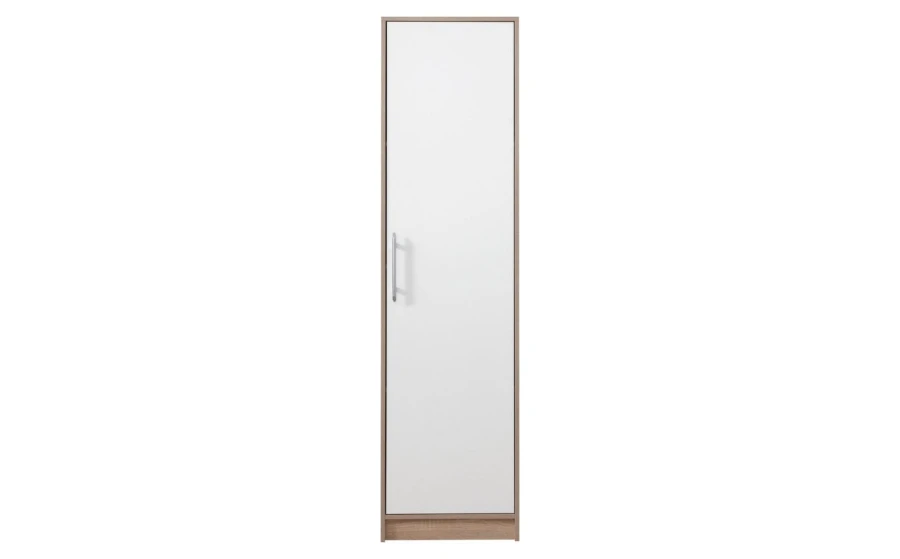 Moderner Hochschrank mit weißer Front und Korpus in Eiche-Nachbildung.