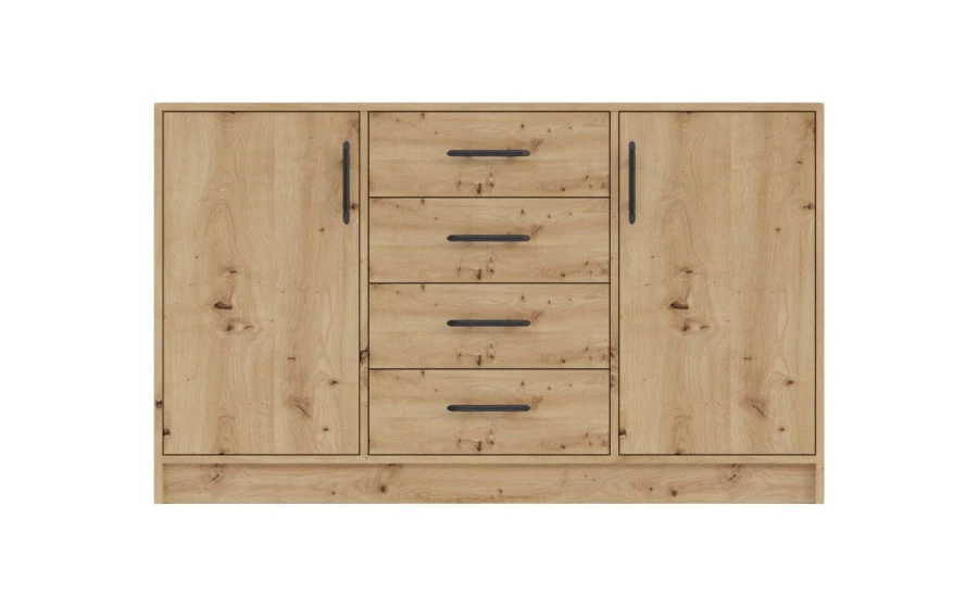 Stilvolles Sideboard in Eiche-Optik mit 4 Schubladen und schwarzen Griffen.