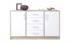 Sideboard in Eiche-Optik mit weißen Fronten, zwei Türen und vier Schubladen für das Wohnzimmer.