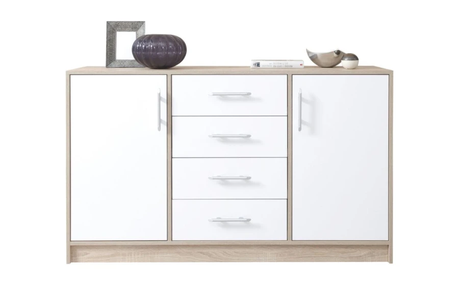 Sideboard in Eiche-Optik mit weißen Fronten, zwei Türen und vier Schubladen für das Wohnzimmer.