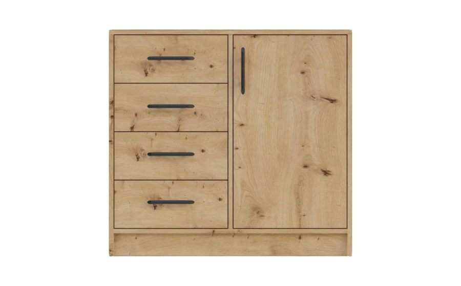 Kommode in Eiche-Optik mit 4 Schubladen und 1 Tür, schwarze Griffe.