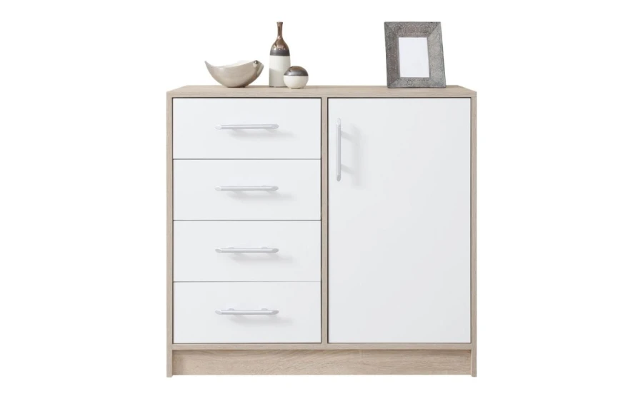 Weiße Kommode mit Holz-Akzenten, 4 Schubladen und 1 Tür für das Schlafzimmer.