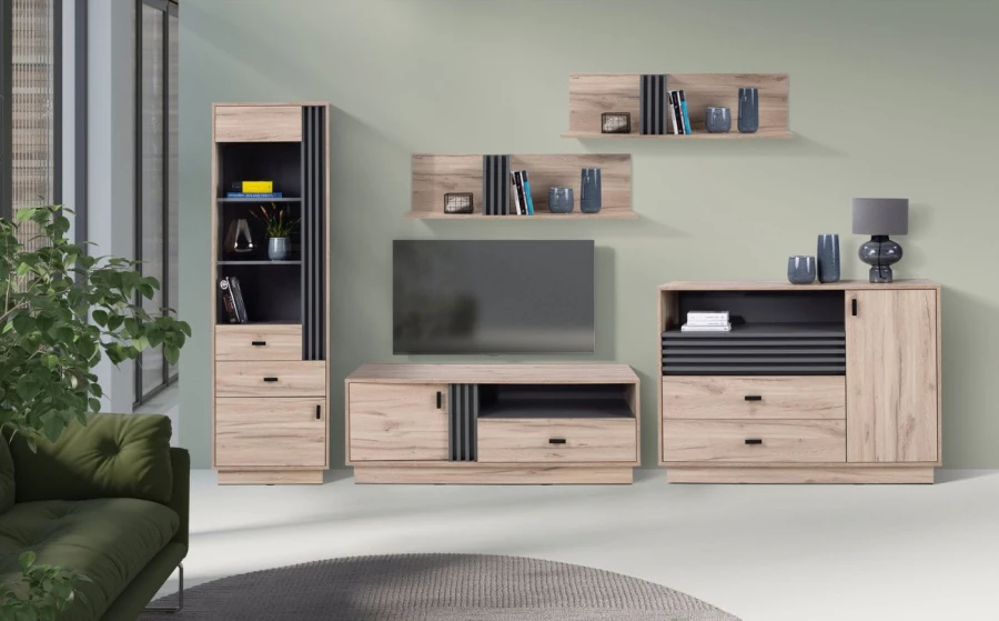 Wohnzimmer-Möbelset in Eiche-Optik und Anthrazit mit TV-Board, Sideboard und Wandregalen.