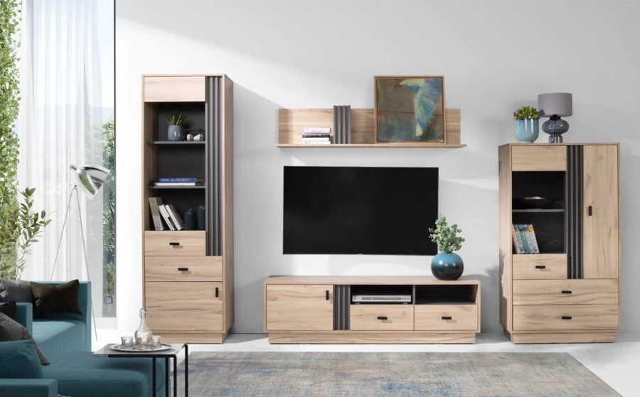 Modernes Wohnzimmer-Set Eiche mit TV-Lowboard, Wandregal und Vitrinenschränken.