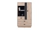 Highboard in Eichenoptik mit schwarzen Griffleisten und offenen Regalfächern.