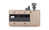 Modernes Sideboard in Eiche und Grau mit vier Schubladen, einer Tür und offenen Regalfächern.