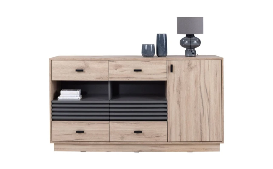 Modernes Sideboard in Eiche und Grau mit vier Schubladen, einer Tür und offenen Regalfächern.