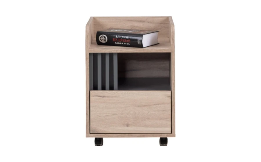 Rollcontainer aus hellem Holz mit Schublade und offenem Fach, passend zum Büro-Set.