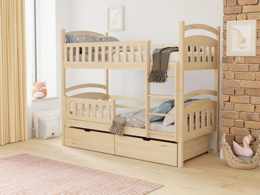 Kinder-Etagenbett aus Kiefernholz Natur mit zwei Bettkasten-Schubladen.