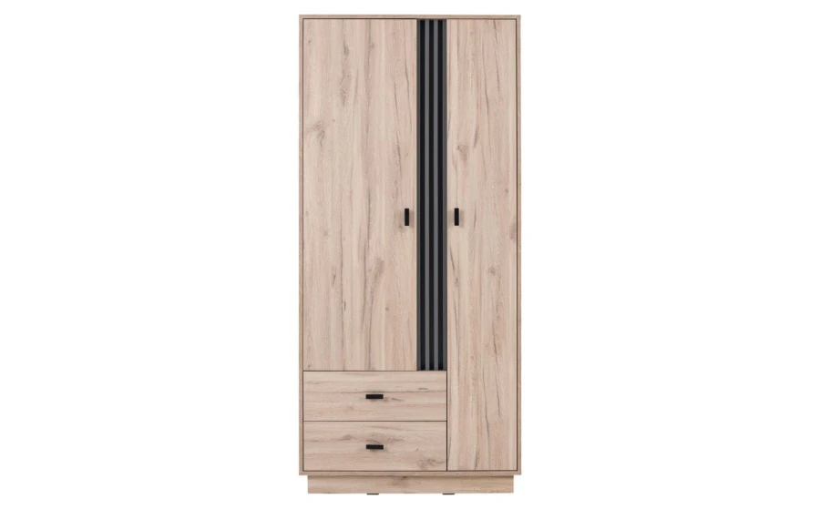 Moderner Kleiderschrank in Eiche-Optik mit schwarzen Lamellen-Details.