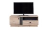 Modernes TV-Lowboard in Eiche-Optik mit grauem Akzent und darauf platziertem Fernseher.