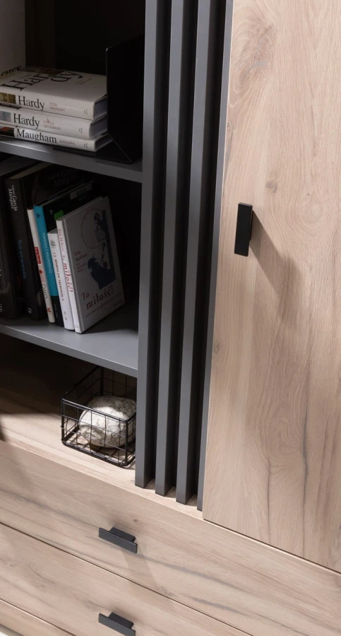 Detailansicht eines Regals mit Büchern, schwarzen Griffen und dekorativer Lamellen-Optik.