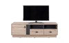 TV-Unterschrank aus Eiche mit modernem Flachbildfernseher auf weißem Hintergrund.
