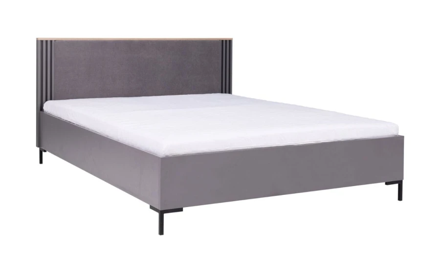 Modernes Polsterbett in Grau mit gepolstertem Kopfteil und minimalistischen Füßen.