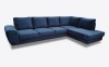Modernes L-Sofa in Dunkelblau aus Samt mit eleganten goldenen Metallfüßen auf weißem Hintergrund.