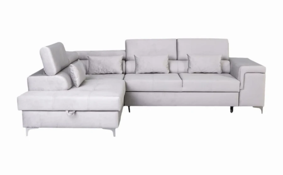Eckcouch in Hellgrau mit Schlaffunktion, Kopfstützen und modernem Design für das Wohnzimmer.
