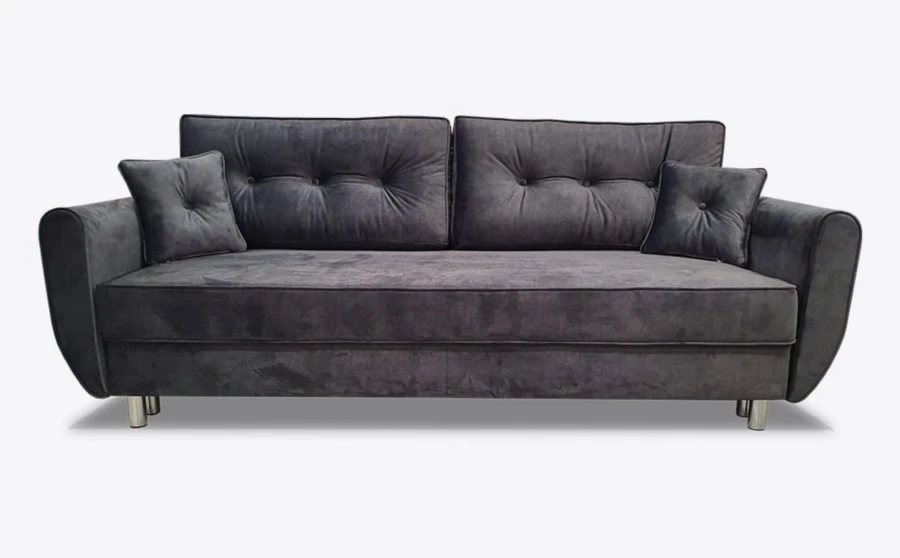 Modernes dunkelgraues Samtsofa mit zwei Rückenkissen und Metallfüßen für das Wohnzimmer.