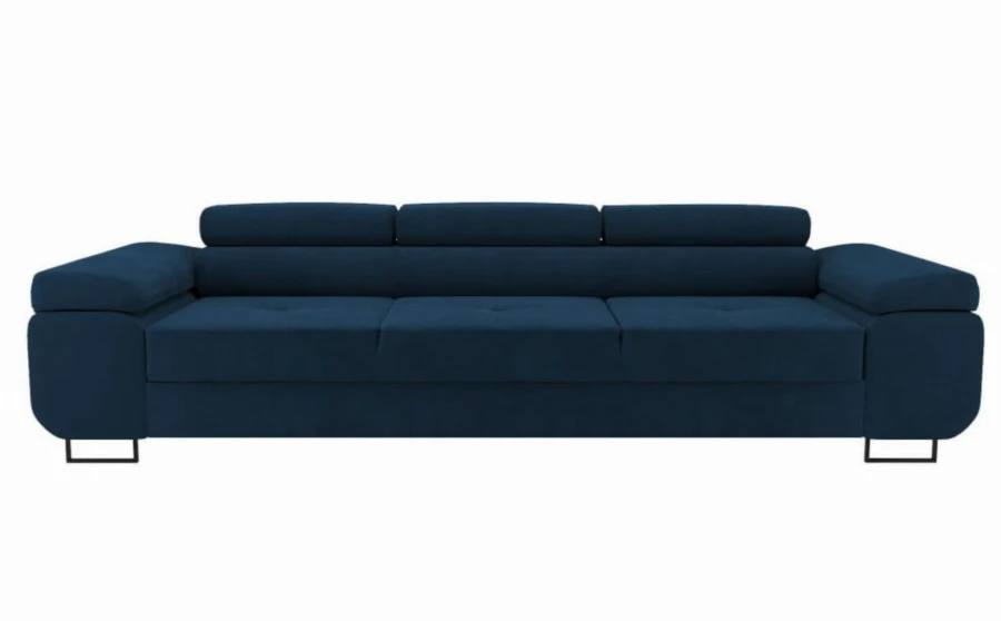 Großes dunkelblaues Polstersofa mit verstellbaren Kopfstützen und modernen Metallbeinen.
