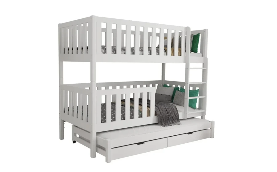 Modernes weißes Etagenbett dekoriert mit Kissen und Bettwäsche im Kinderzimmer.