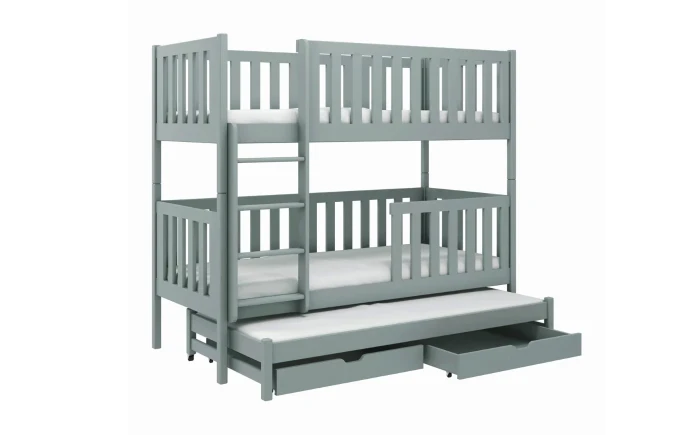 Graues Etagenbett aus Holz für drei Kinder mit ausziehbarem Gästebett und Schubladen auf weißem Grund.