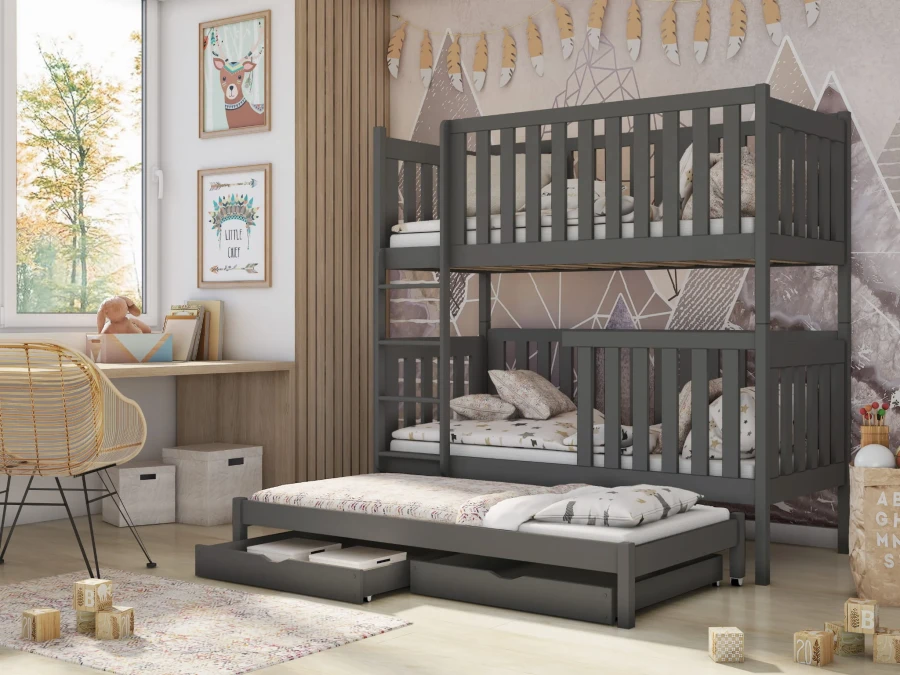 Dunkelgraues Etagenbett für drei Kinder mit ausziehbarem Bett und zwei Schubladen im Kinderzimmer.