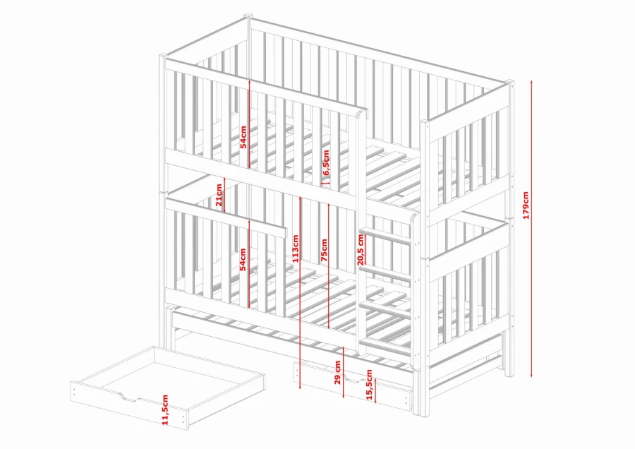Maße und technische Details eines Etagenbettes mit Ausziehbett und Schubfächern für das Kinderzimmer.