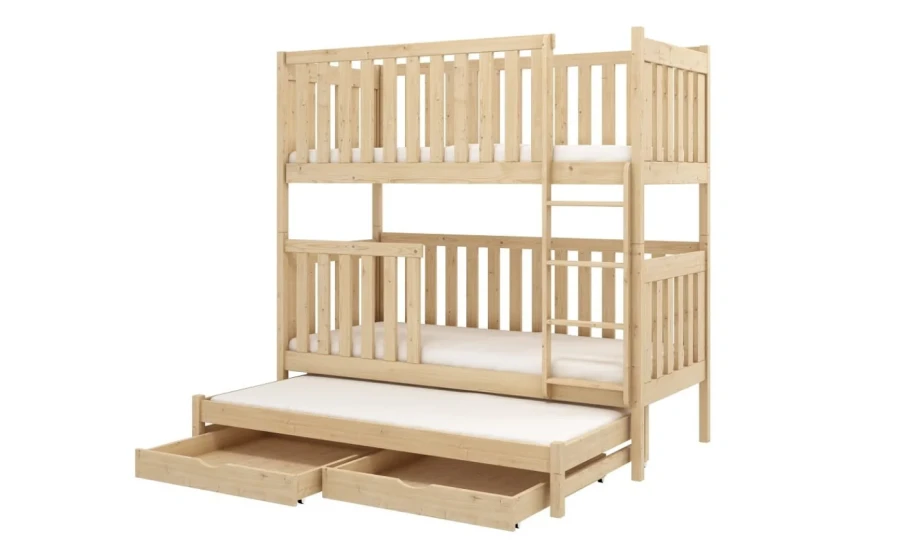 Etagenbett aus hellem Naturholz für drei Personen mit integriertem Ausziehbett und Staufach-Schubladen.