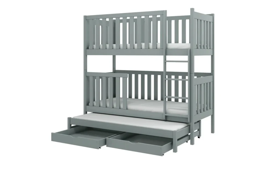 Graues Etagenbett mit ausziehbarem Gästebett und zwei Schubladen für das Kinderzimmer.
