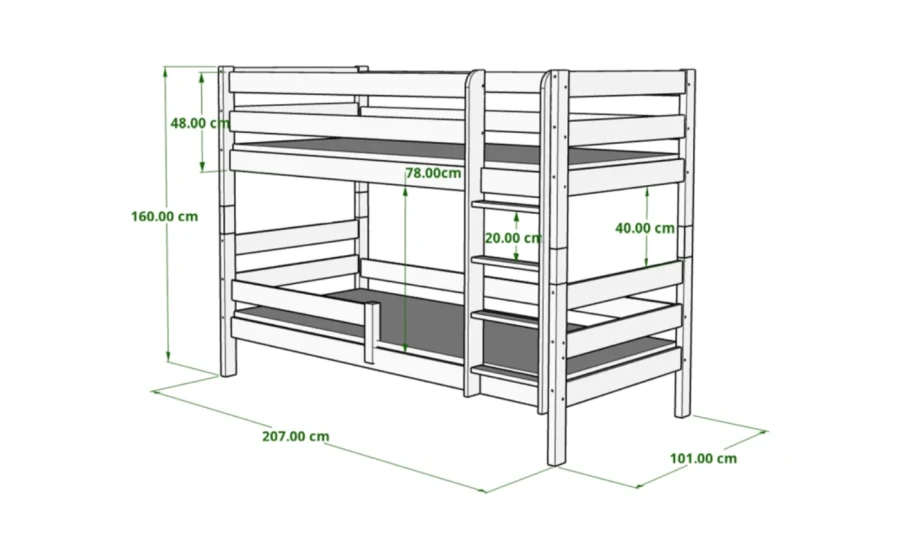 Maßangaben für Etagenbett: 207 cm Länge, 160 cm Höhe und 101 cm Breite im Überblick.