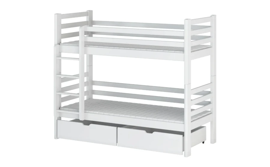 Klassisches weißes Etagenbett aus Massivholz mit zwei praktischen Schubladen.