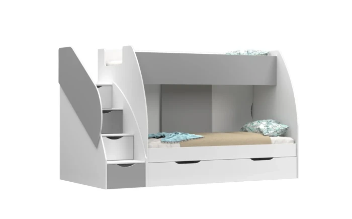 Etagenbett Funktionsbett MARGO für 2 Kinder mit Treppe weiß + grau