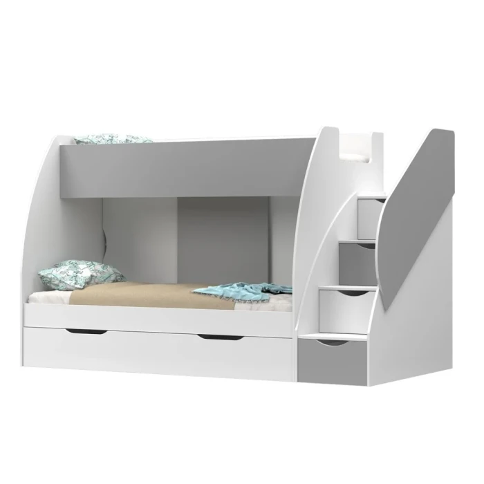 Etagenbett Funktionsbett MARGO für 2 Kinder mit Treppe weiß + grau
