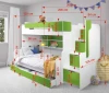 Maßskizze eines modernen Kinderhochbetts in Weiß und Grün mit viel Stauraum.